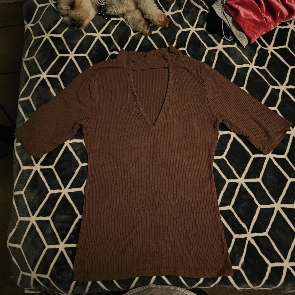 Brown Ribbed V-Neck Top